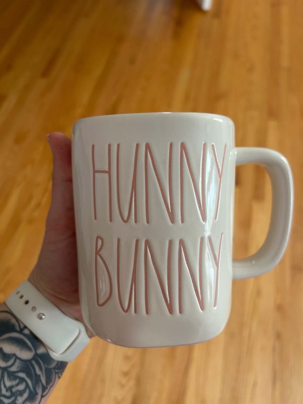 Rae Dunn White Ceramic Mug with Pink Raised Lettering - HUNNY BUNNY